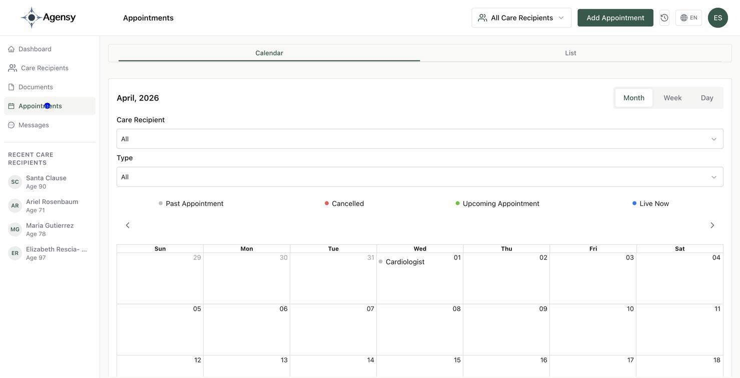 Agensy appointments calendar showing upcoming medical visits for a care recipient with providers, times, and shared-reminder status