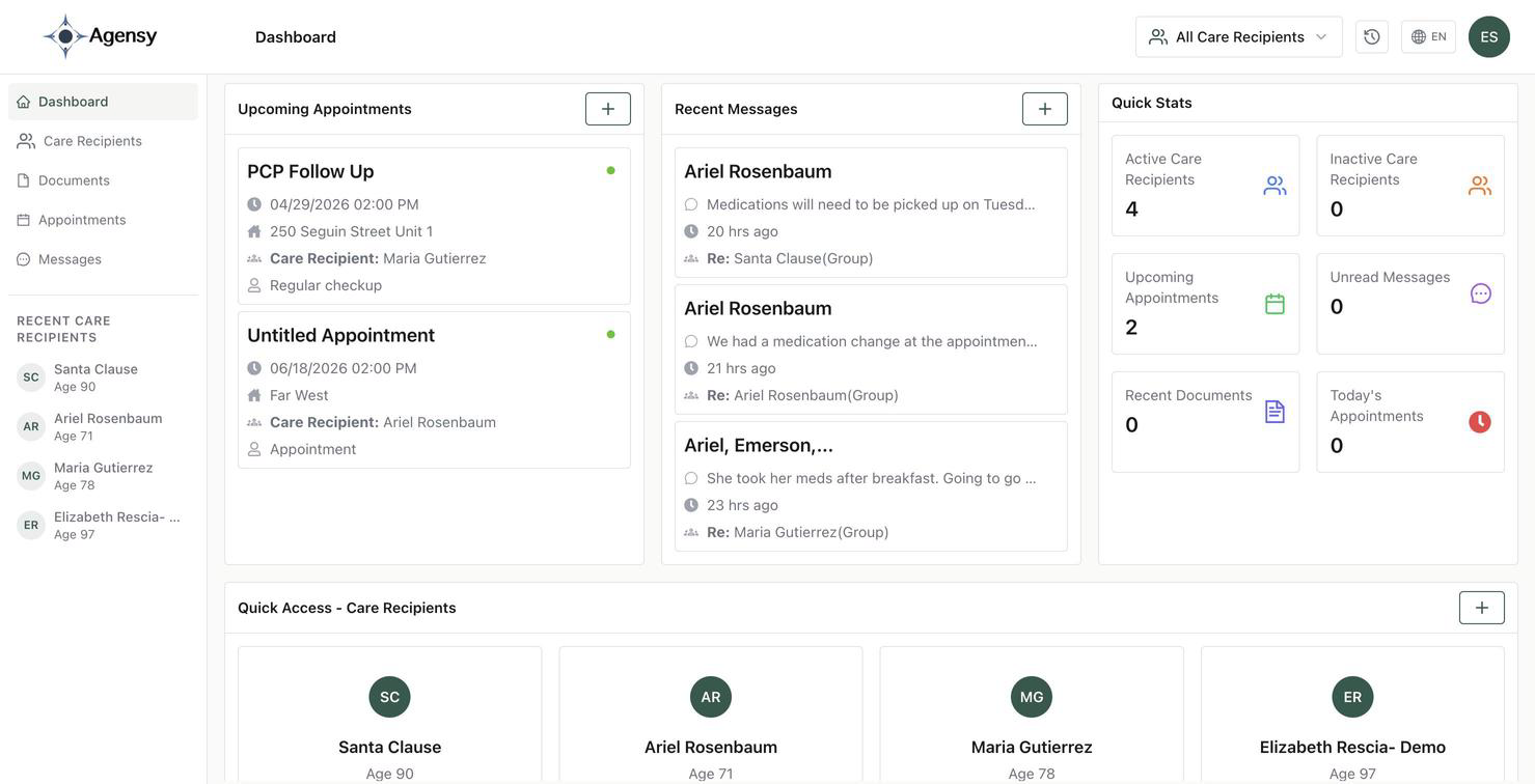 Agensy dashboard showing a care recipient overview with recent messages, upcoming appointments, medications, and quick stats