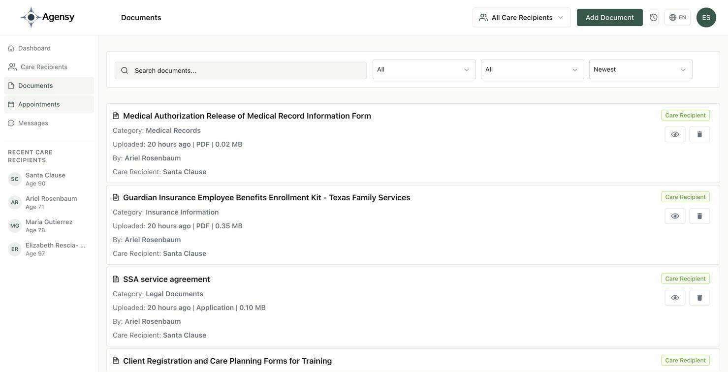 Agensy documents page showing uploaded medical records organized by category with search, date filters, and secure sharing controls