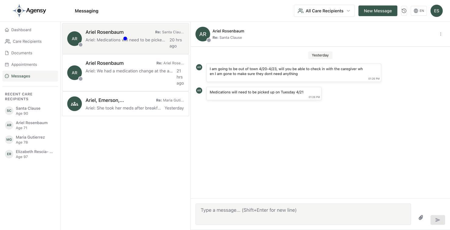 Agensy secure family messaging view showing a care-team thread between family members and professional caregivers discussing a recipient's recent appointment