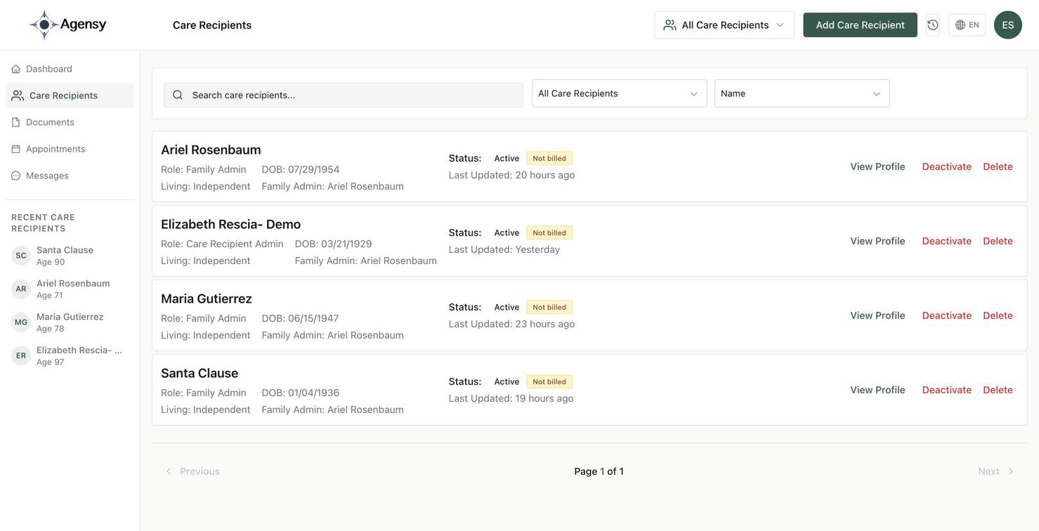 Agensy multi-client dashboard showing active care recipients sorted by status with filters for region, payer, and acuity