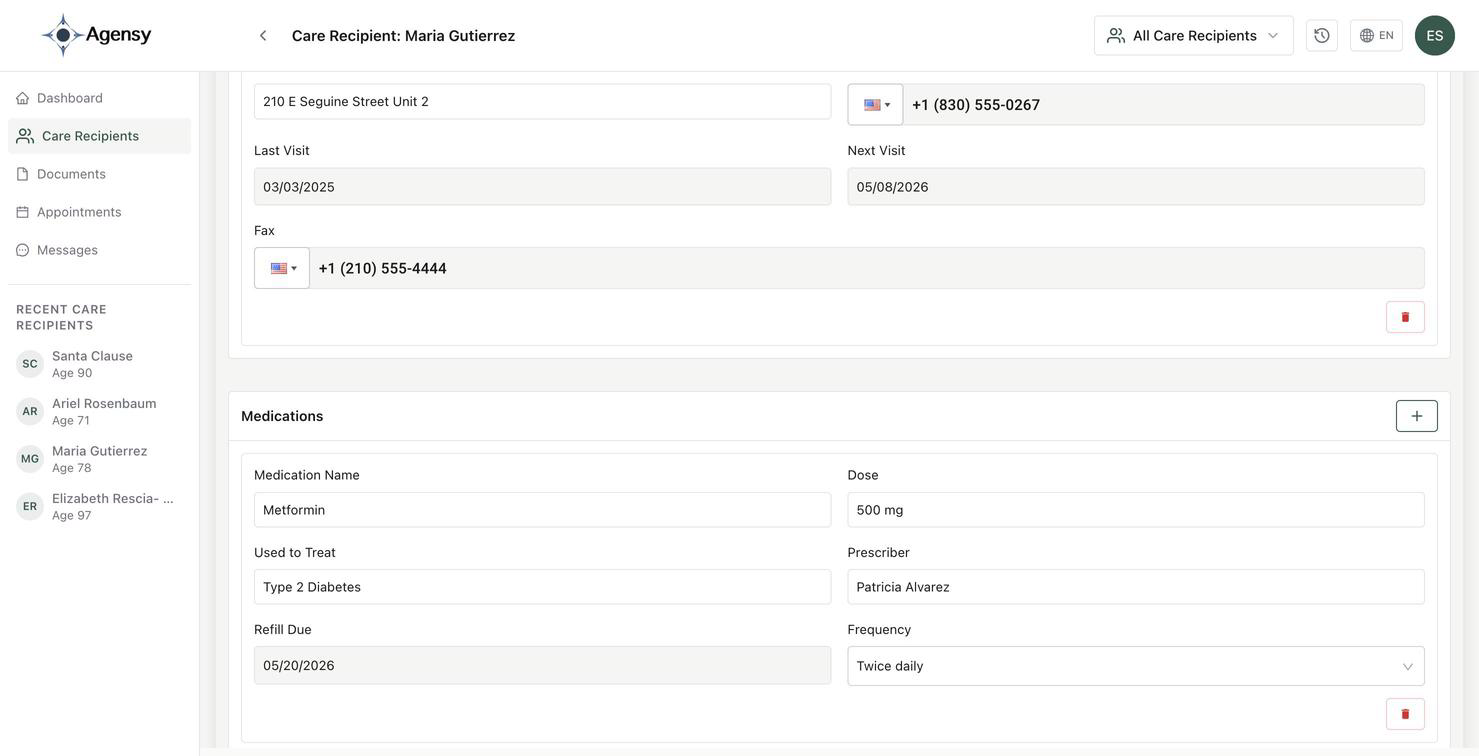 Agensy talking forms interface showing a single medication update propagating across a face sheet, hospital handoff, pharmacy letter, and care plan at the same time